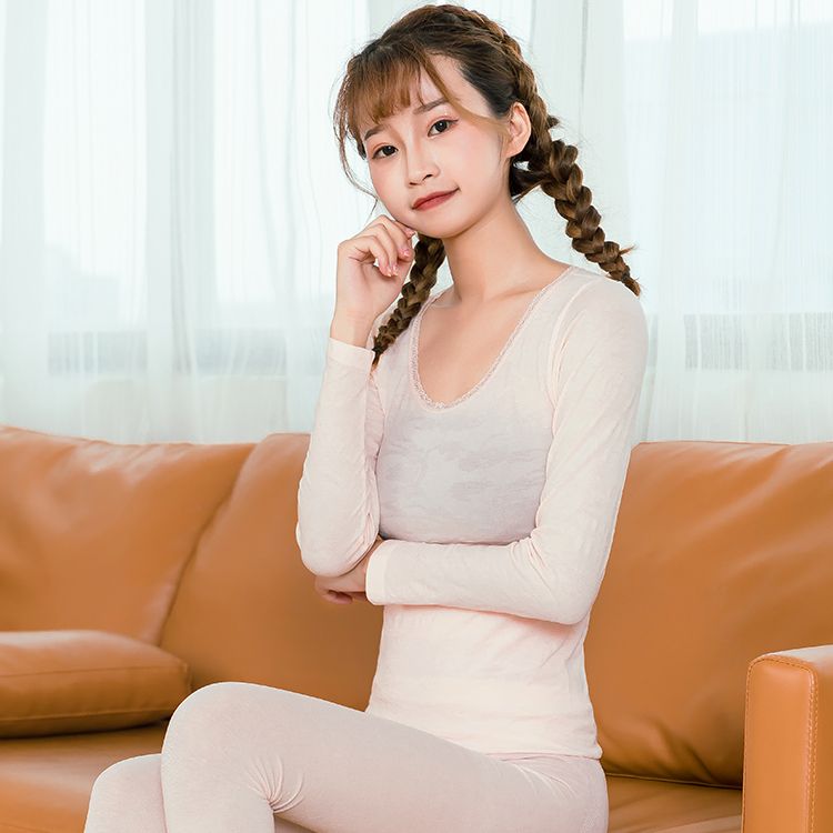 New style of thermal underwear and thermal underwear sets for women, body-shaping base, round-neck cotton sweater, red thread clothes and trousers, sent on delivery details Picture