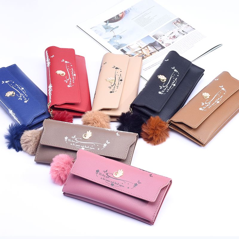 New women's long wallet in Korean style, simple and versatile, with a hairball, 20% off. Multi-functional and multi-slot direct sales Item Picture