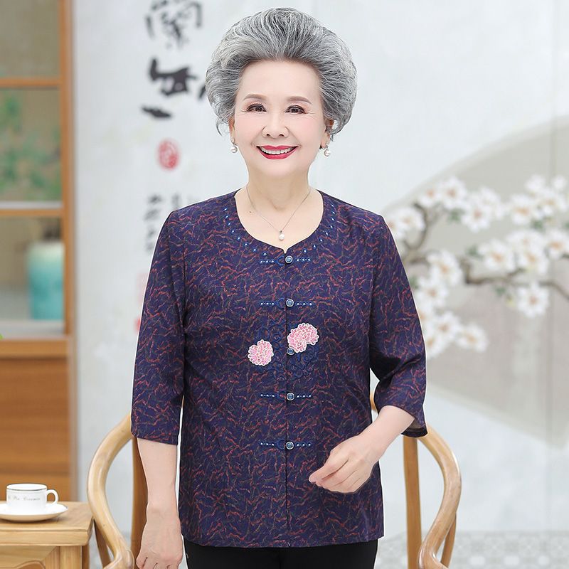2020 new summer clothing for middle-aged and elderly people: Women's shirts, round collars for grandmothers, clothes for the elderly, simple and plain for grandmothers and wives details Picture