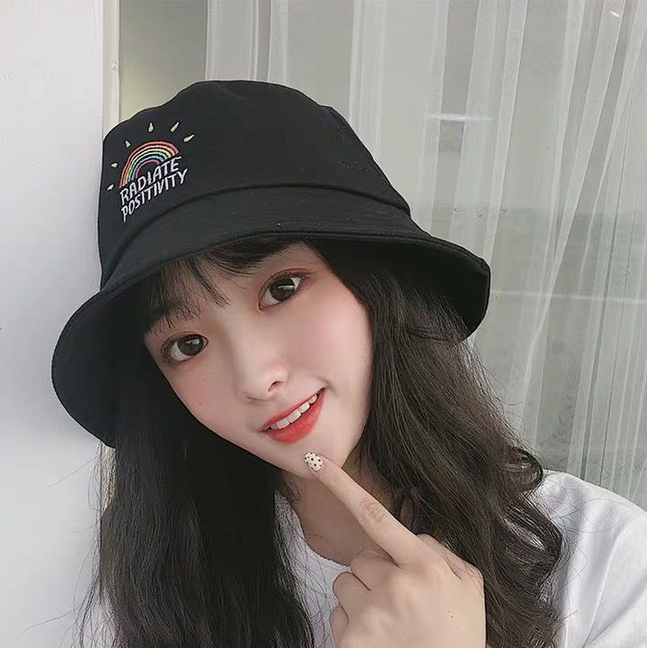 春夏新款彩虹刺绣日系学生渔夫帽平顶遮阳帽