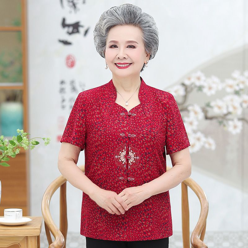2020 New summer clothes for middle-aged and elderly people: 60-year-old mother's shirt with a stand-up collar for the elderly, 70-year-old grandma's wife details Picture