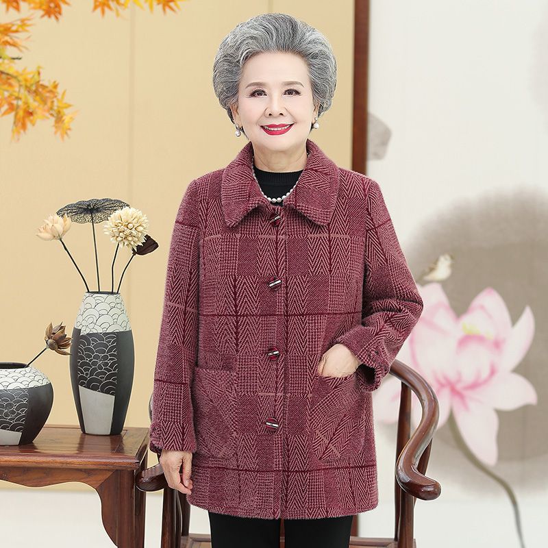 Fur and mink fur, winter clothes for middle-aged and elderly people, female mothers, checked woolen coats, long-sleeved grandmothers, spring and autumn elders, wives details Picture