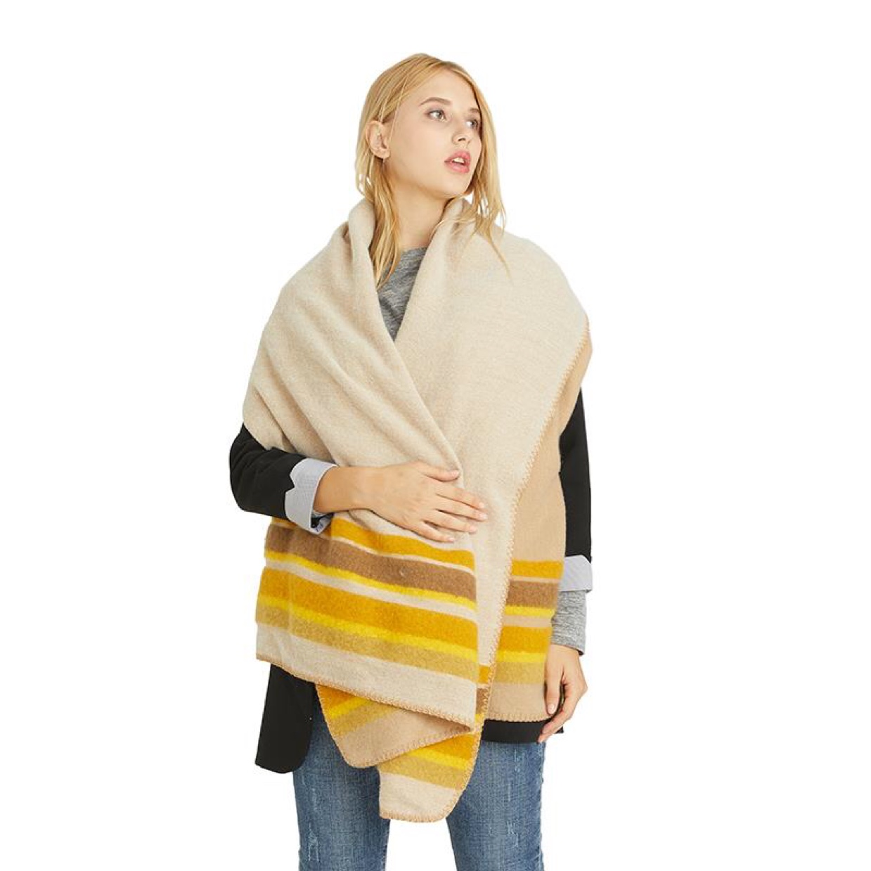 Scarf Wrapped With Triangular Pin And Trimmed With Horizontal Stripe details Picture