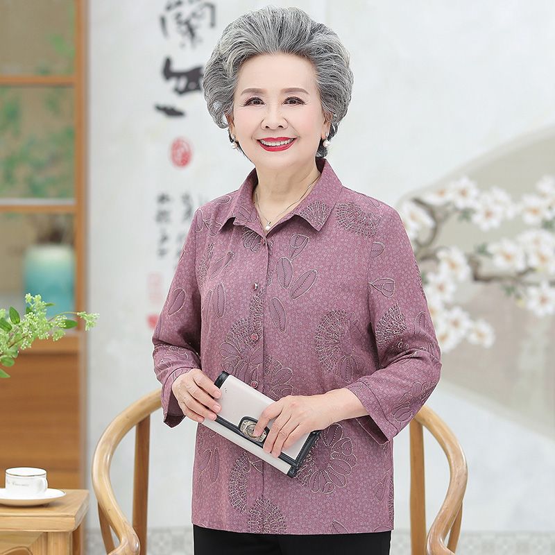 New summer shirts for middle-aged and elderly people, with lapels, long-sleeved shirts for mothers, clothes for the elderly, and thin shirts for grandmothers and grandmothers details Picture