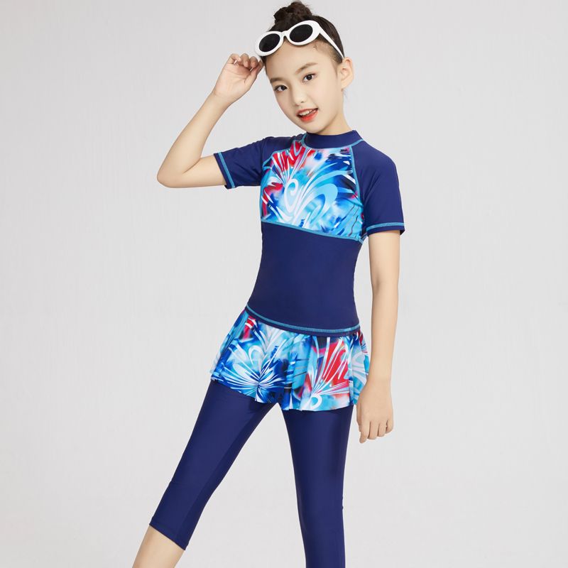 Children's split long-sleeved jacket and culottes culottes, young virgin training racing beginner swimsuit conservative and fast dry
