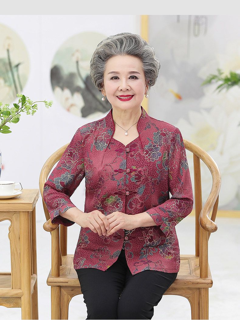 For middle-aged and elderly people, summer clothes: Two-piece set for the mother, breathable shirt for the grandmother, stand-up collar for the elderly, loose clothes for the wife, 60 detail image 10