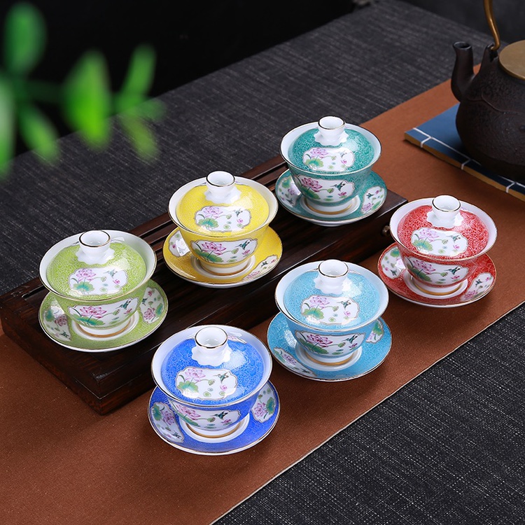 德化陶瓷盖碗茶具纯手绘扒花三才盖碗大号泡茶碗杯泡茶器厂家直销
