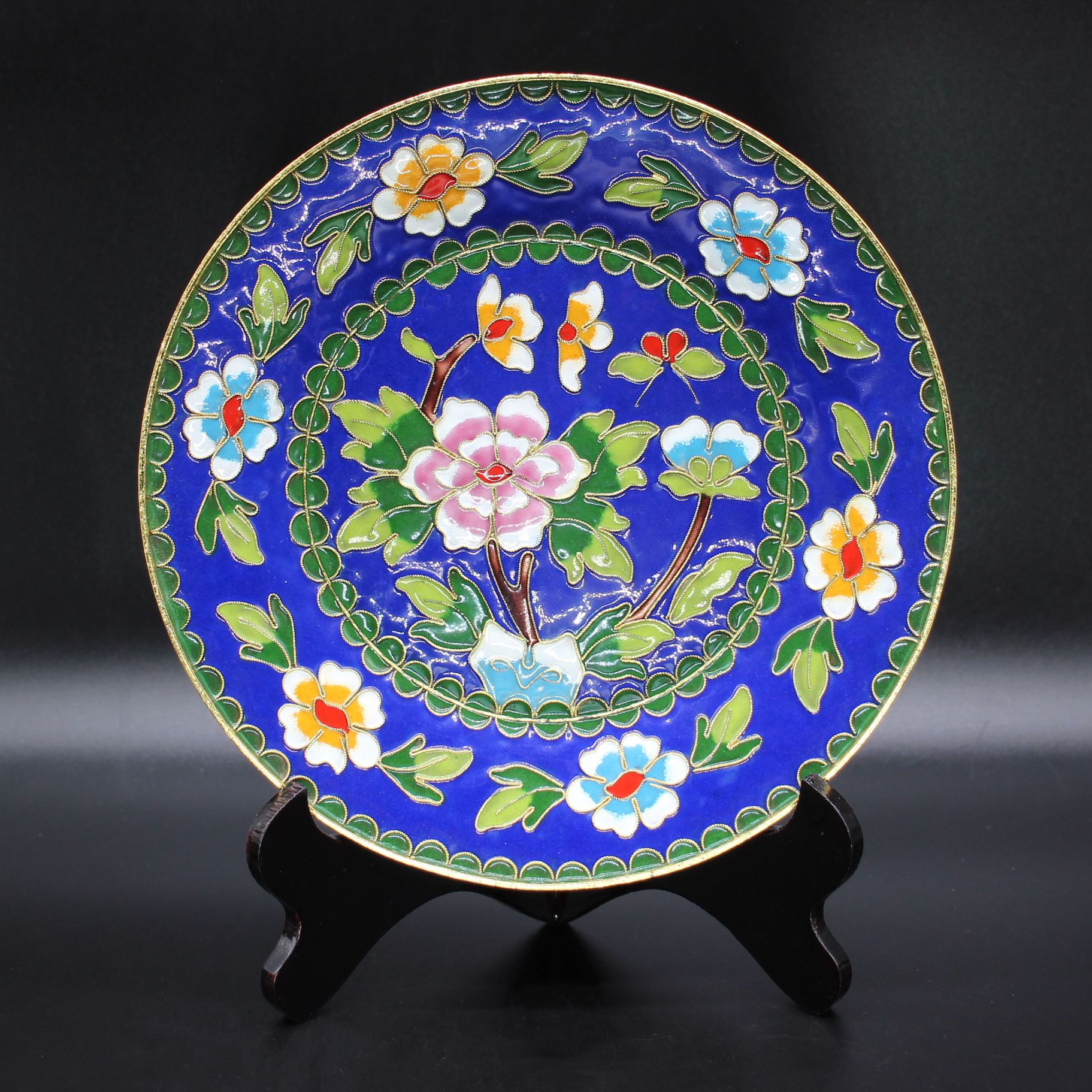 Beijing Cloisonne craft culture gift piece copper tire pinched-silk filaments silver blue peony disk thumbnail