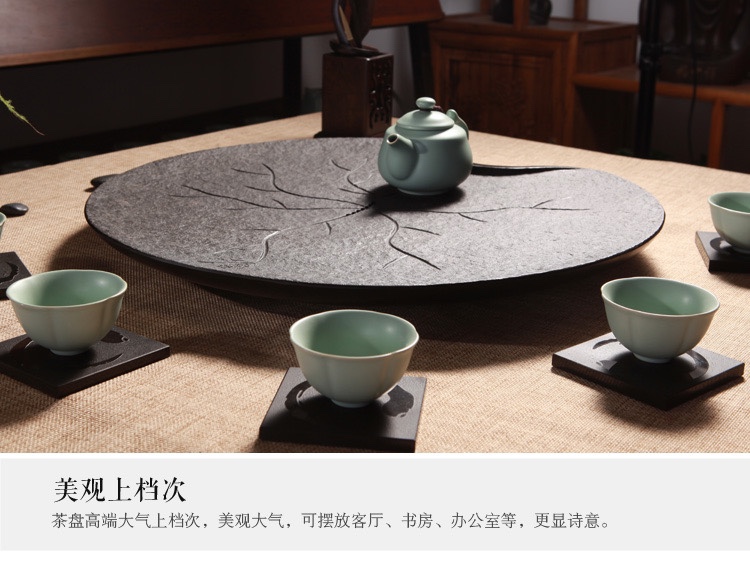 圆形石材茶盘整块小号乌金石茶海石头茶台 黑金石磨功夫排水茶具细节图