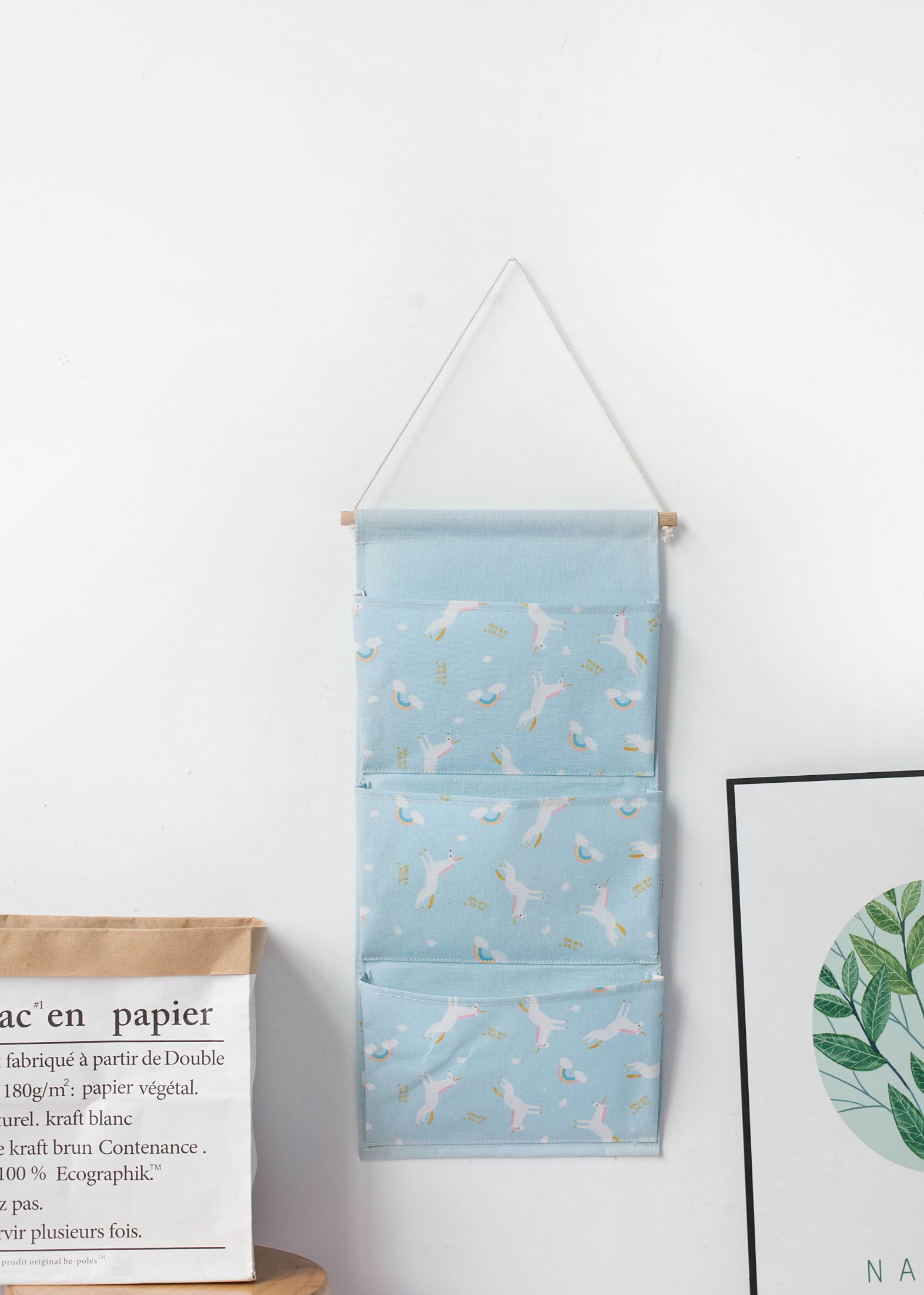 Ins Nordic Wind Unicorn Series Three Pockets Hanging Bag Cotton Linen Blue