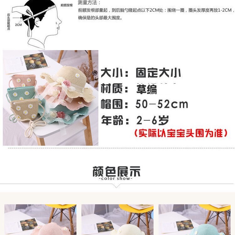 Children's Sun Hat Girls' Sun Hat Summer Straw Hat Fisherman Hat Princess Beach Summer Sun Block Baby Bag details Picture