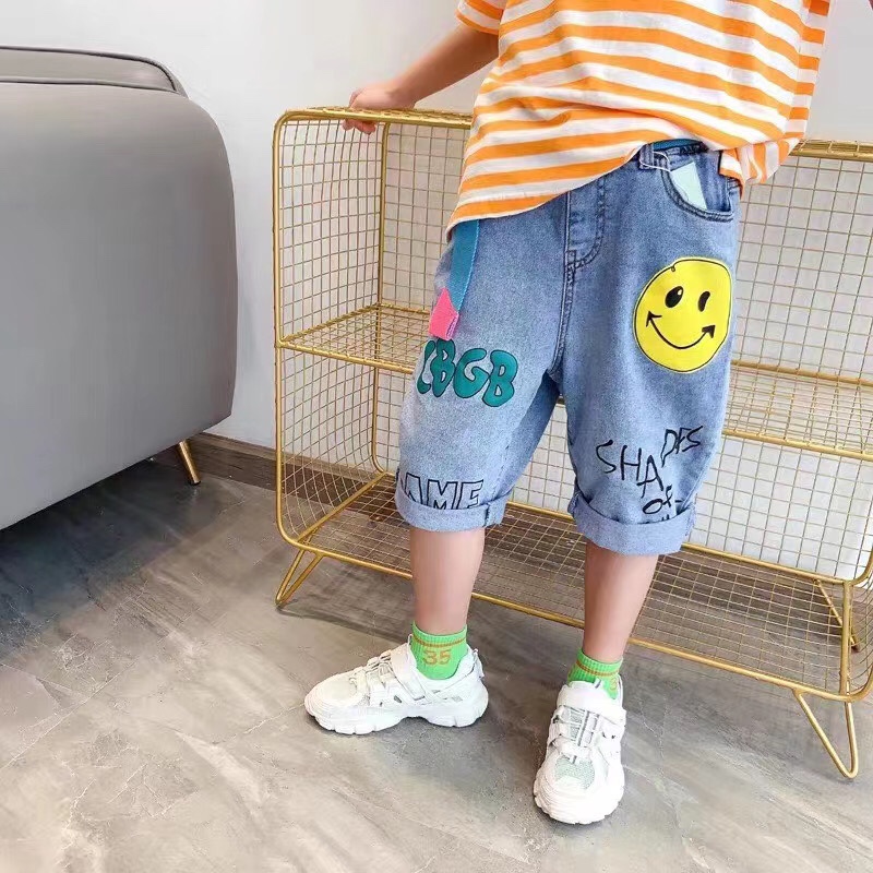 男童装2020夏款 韩版英文笑脸印花弹力牛仔中裤 七分裤休闲裤