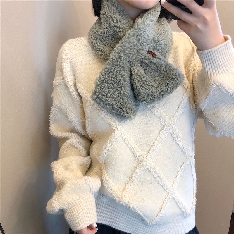 South Korea Dongdaemun Autumn And Winter Fluffy Granule Cashmere Lamb Wool Scarf Collar Solid Color Plush Cross Wholesale Collar Specification drawing