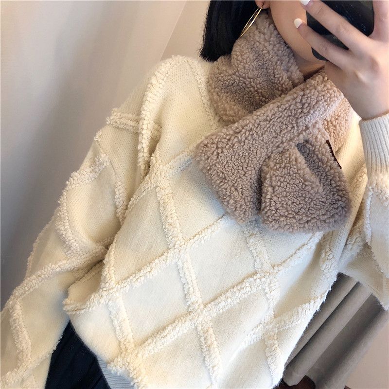 South Korea Dongdaemun Autumn And Winter Fluffy Granule Cashmere Lamb Wool Scarf Collar Solid Color Plush Cross Wholesale Collar Item Picture