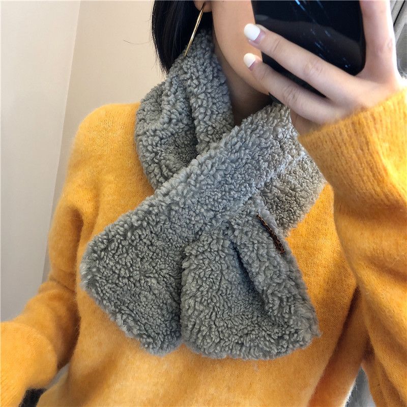 South Korea Dongdaemun Autumn And Winter Fluffy Granule Cashmere Lamb Wool Scarf Collar Solid Color Plush Cross Wholesale Collar undefined