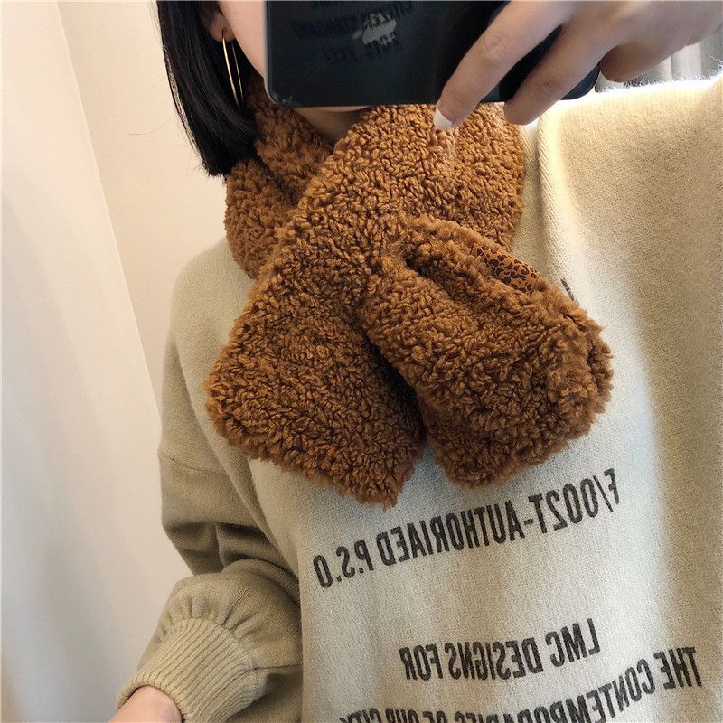 South Korea Dongdaemun Autumn And Winter Fluffy Granule Cashmere Lamb Wool Scarf Collar Solid Color Plush Cross Wholesale Collar undefined