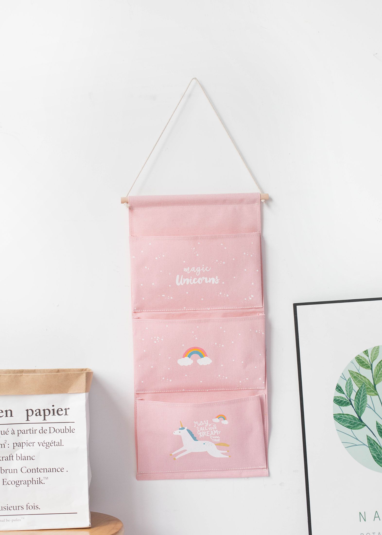 Ins Nordic Wind Unicorn Series Three Pockets Hanging Bag Cotton Linen Pink