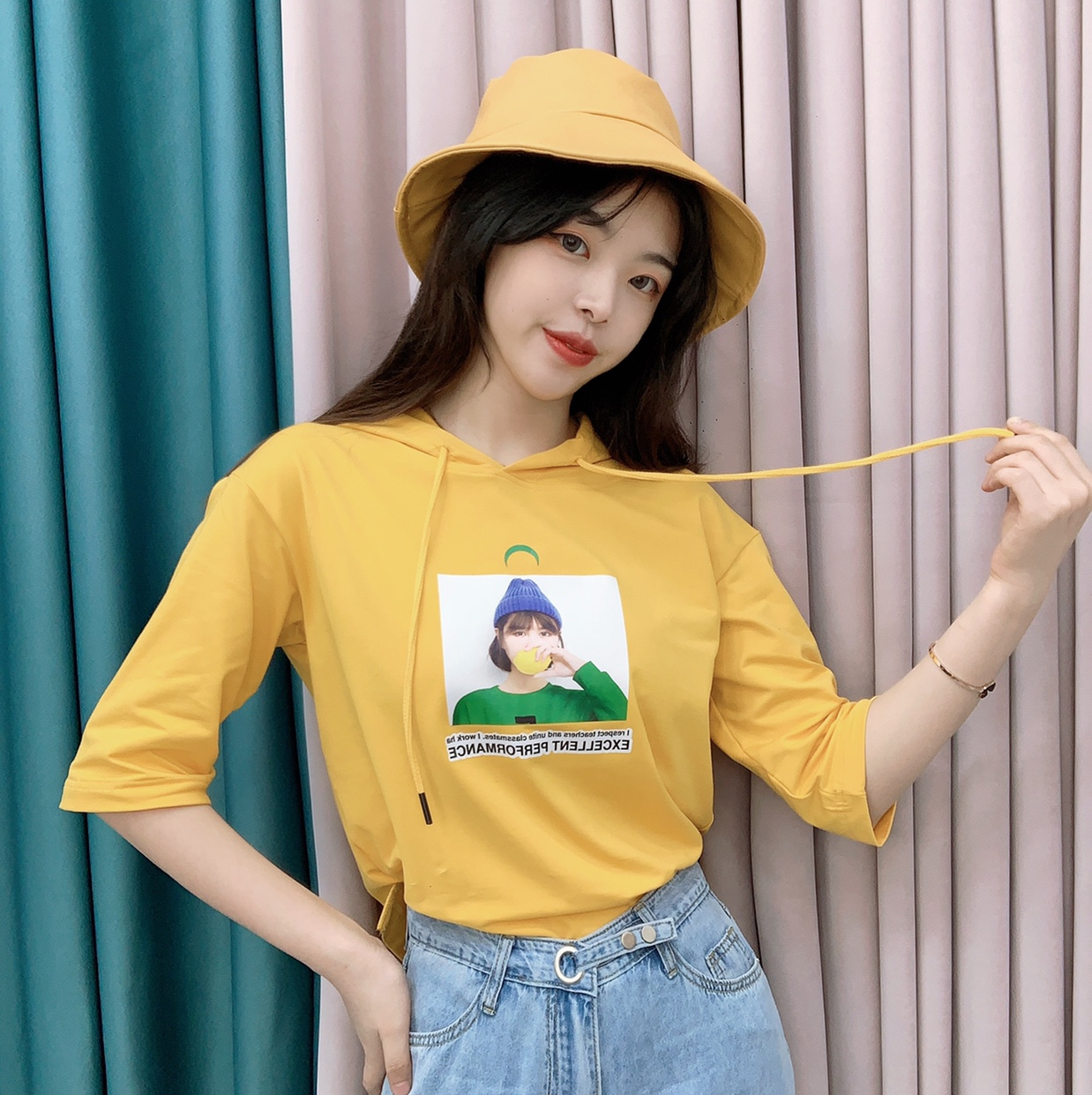 连帽中袖t恤女夏韩版宽松卫衣2020年新款ins潮百搭印花休闲服上衣