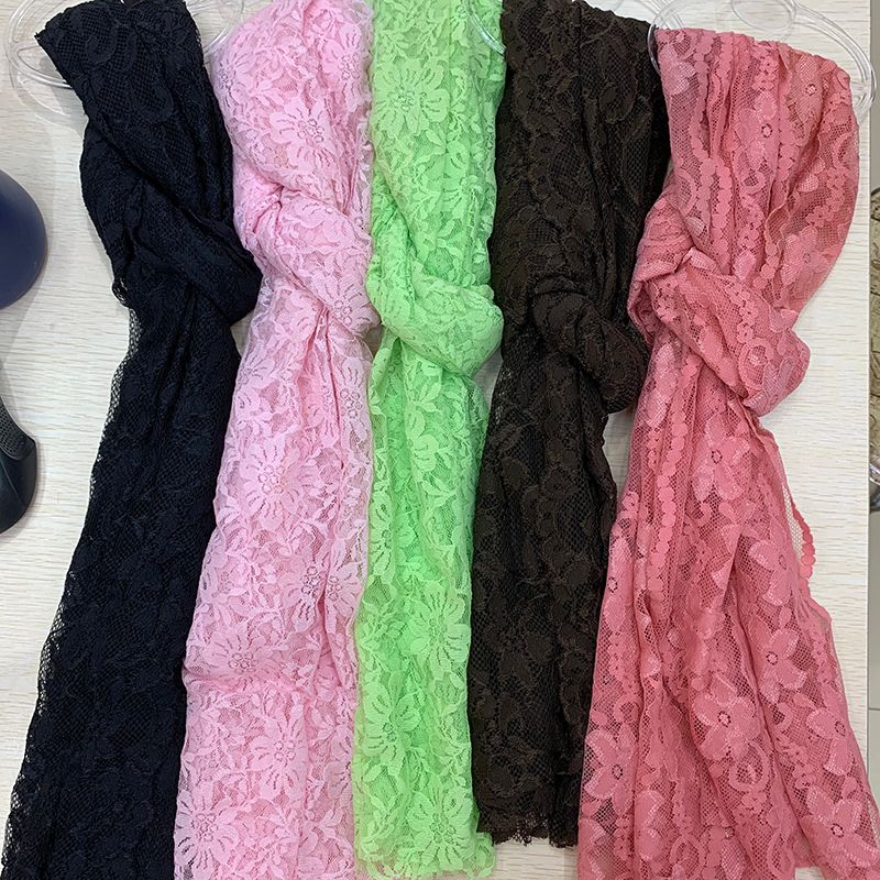 Yiwu Selection Korean print wrinkled scarf fashion monochrome pleated lace hollow-out silk scarf spring and autumn scarf thumbnail