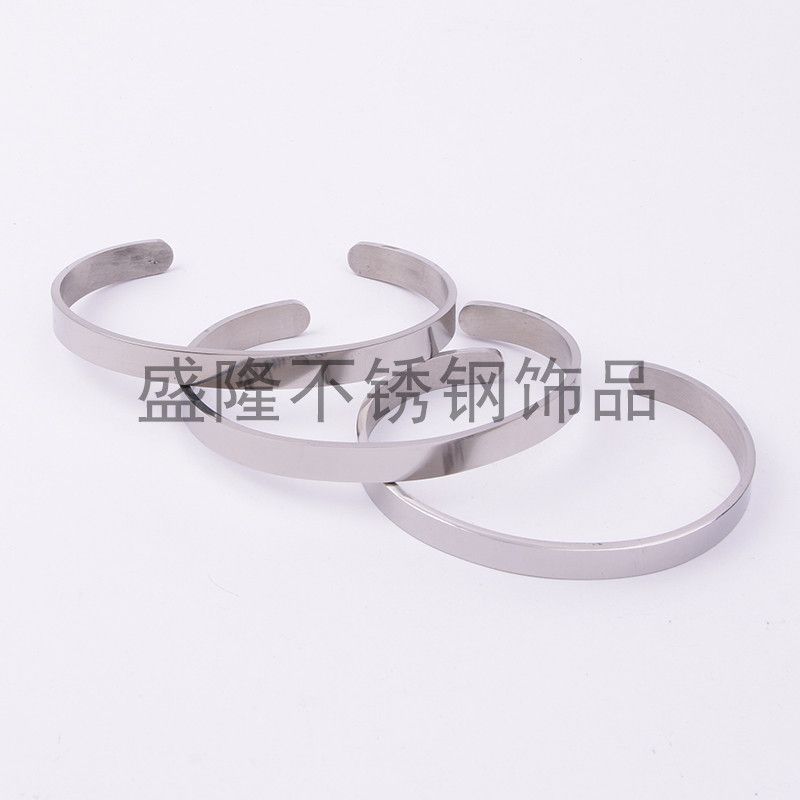 不锈钢欧美古风开口手镯镀银光面钛钢情侣手环简单大气刻字定制