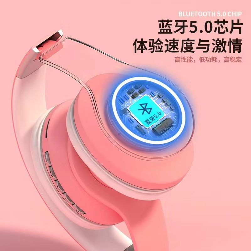 蓝牙耳机5.0新款LED带灯音符头戴式马卡龙色立体声无线耳机详情图2
