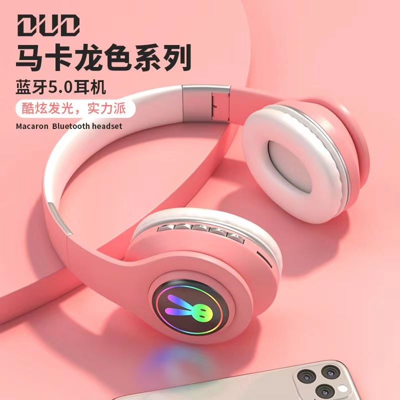 蓝牙耳机5.0新款LED带灯音符头戴式马卡龙色立体声无线耳机