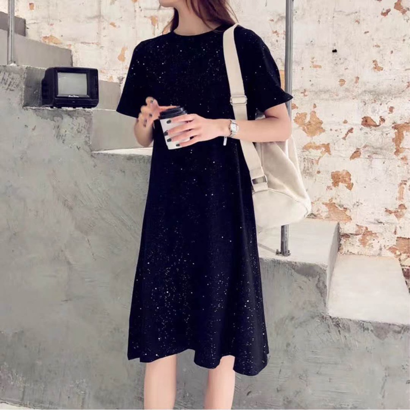网红新款星空闪闪连衣裙女宽松大码显瘦中长款星光裙亮闪闪小黑裙细节图