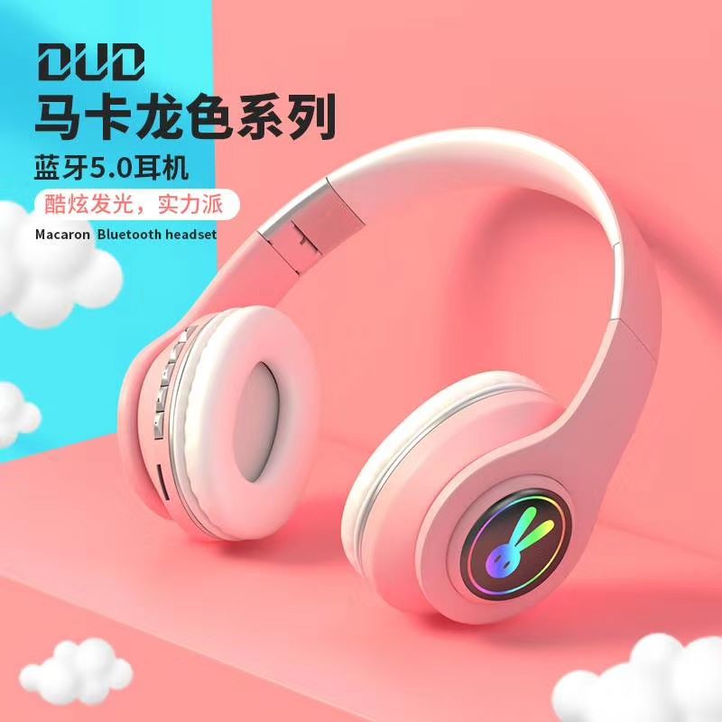 蓝牙耳机5.0新款LED带灯音符头戴式马卡龙色立体声无线耳机详情图5