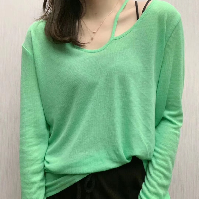 2020夏季新款简约性感洋气露肩V领薄款微透纯色长袖针织T恤女上衣