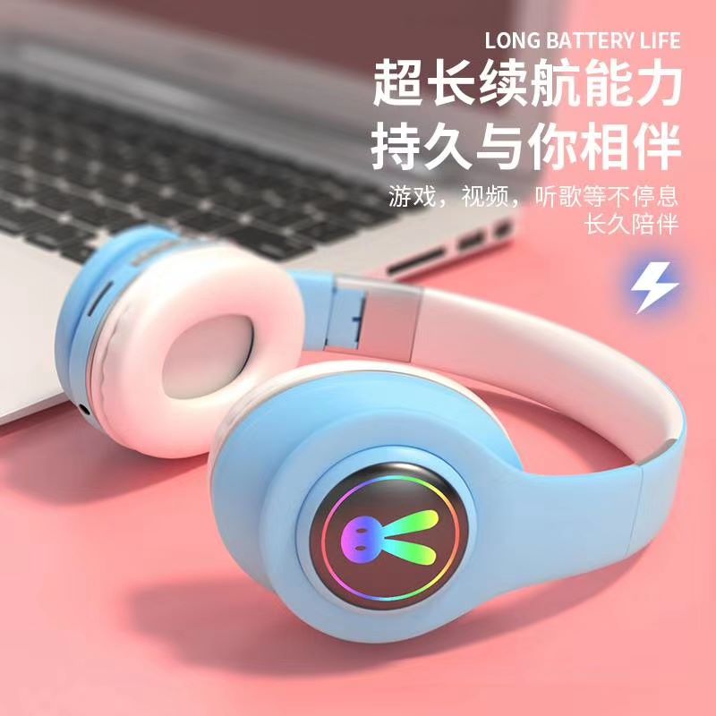 蓝牙耳机5.0新款LED带灯音符头戴式马卡龙色立体声无线耳机详情图6