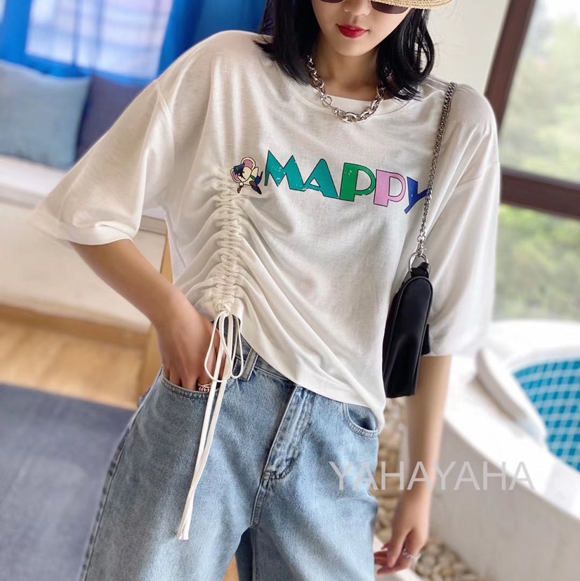 Summer Korean-style women's wear loose, casual and slimming washed ice cotton round-neck letter-printed off-the-shoulder bat-sleeve top and sun-protective clothing details Picture