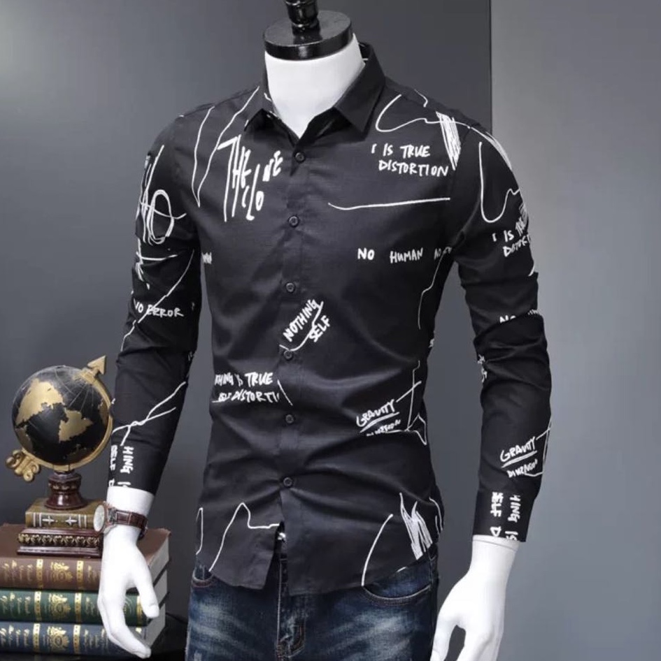 2020春秋新款男士修身韩版印花休闲长袖衬衫