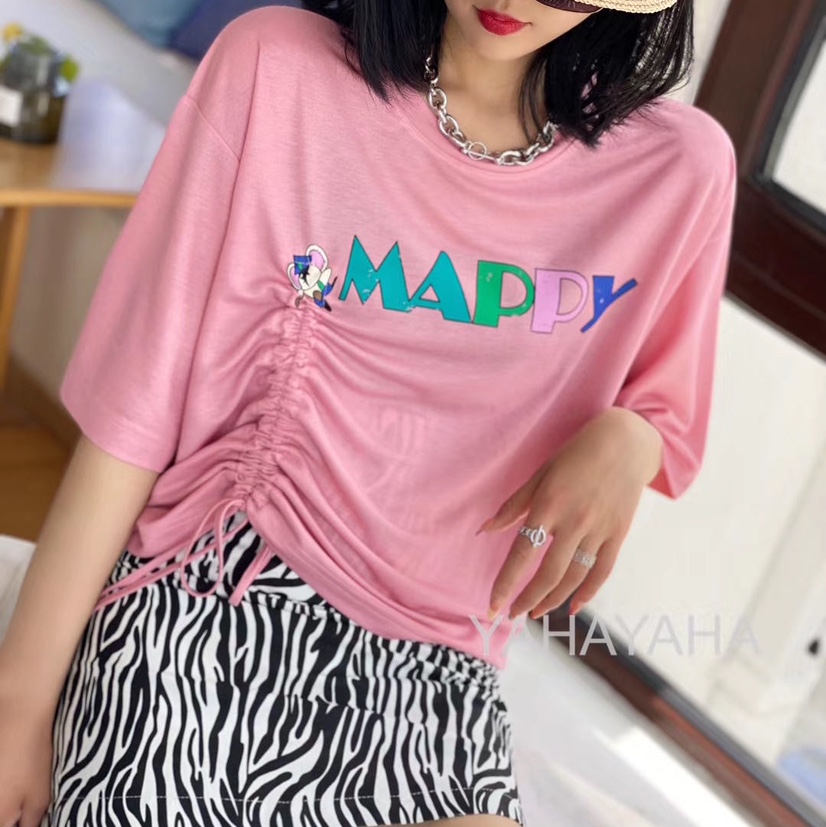 Summer Korean-style women's wear loose, casual and slimming washed ice cotton round-neck letter-printed off-the-shoulder bat-sleeve top and sun-protective clothing Specification image