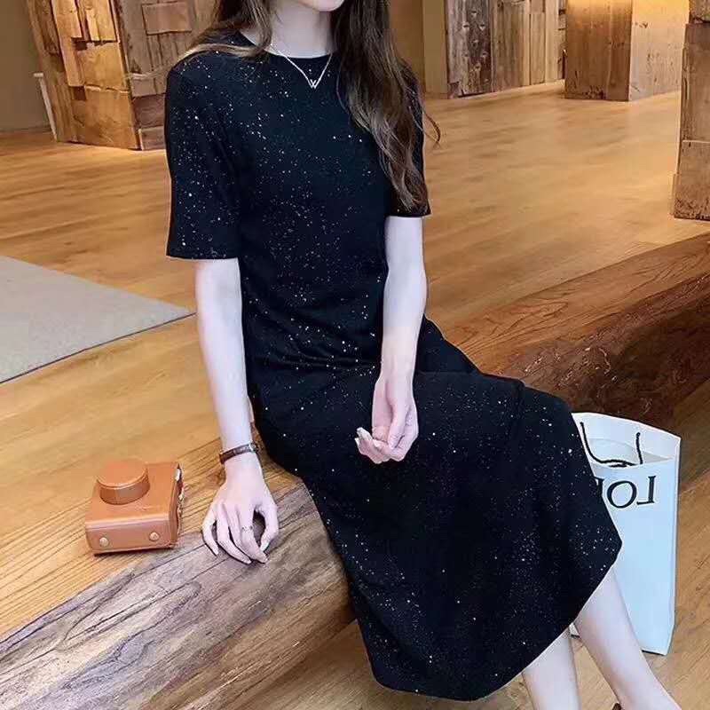 网红新款星空闪闪连衣裙女宽松大码显瘦中长款星光裙亮闪闪小黑裙