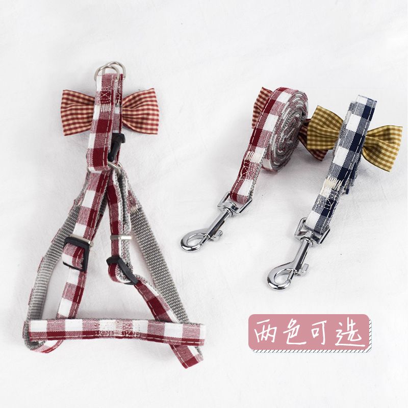 Pet supplies manufacturer wholesale checkered bow dog leashes, adjustable dog chest and back straps leashes details Picture