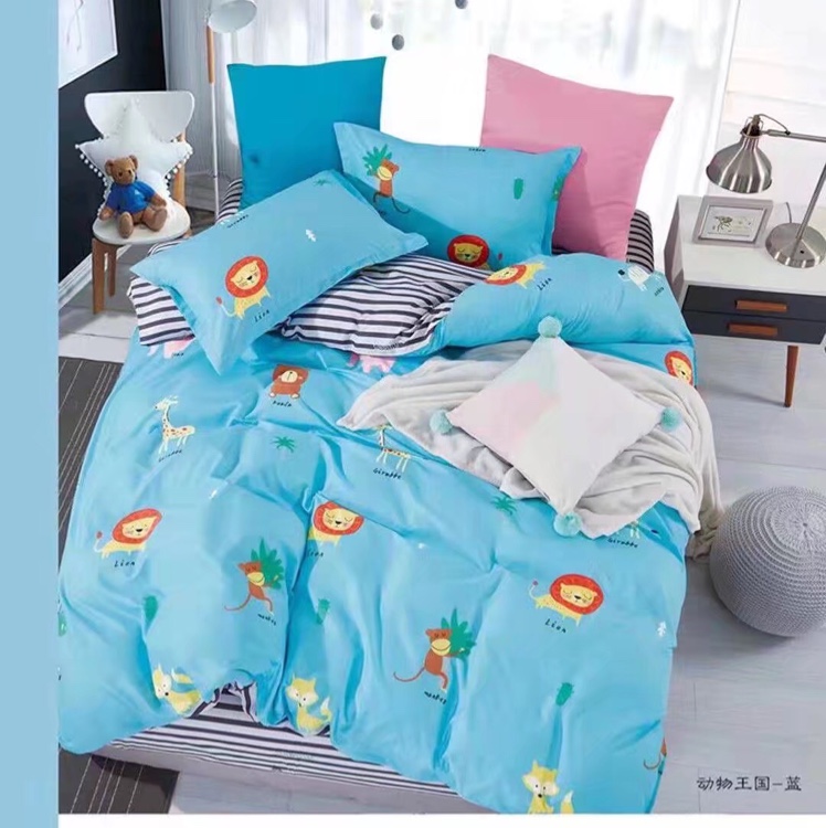 Four pieces of cartoon printed ecological cotton bedding, bed sheets and quilt covers. Four pieces of bedding, bed sheets and quilt covers undefined