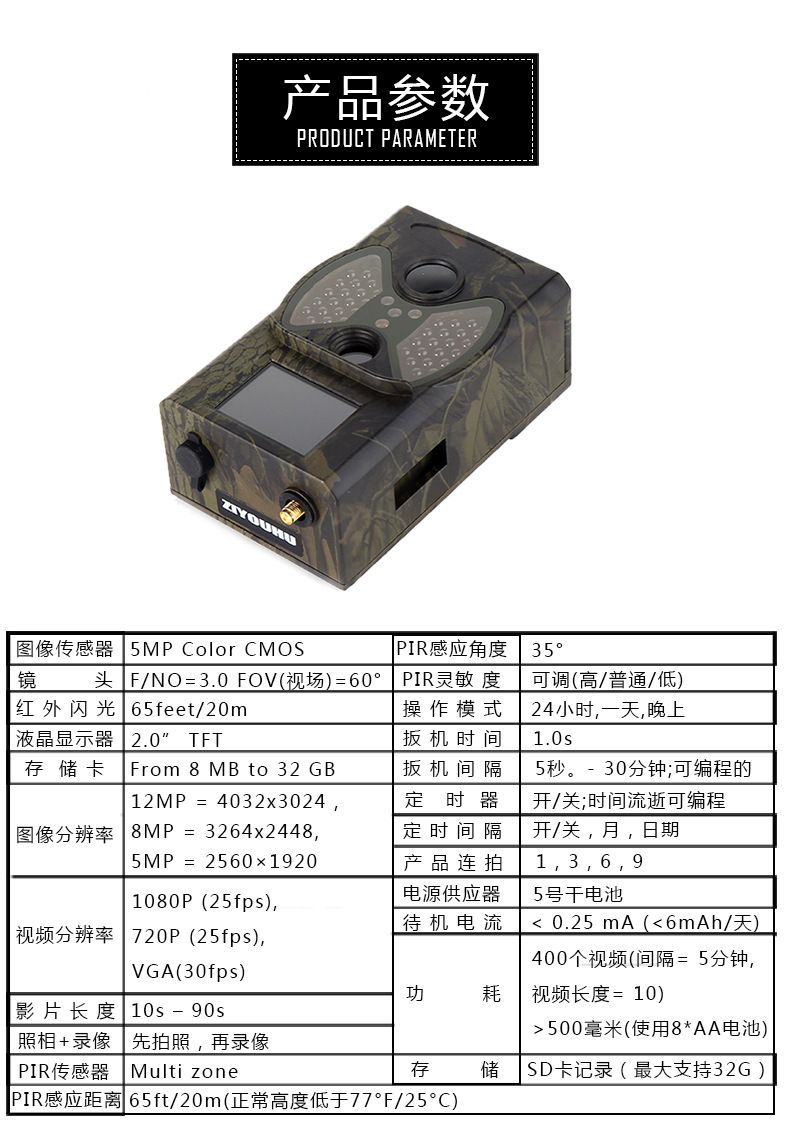 ZIYOUHU1200万像素红外户外观察相机摄像机 自动彩信野外探测详情图3