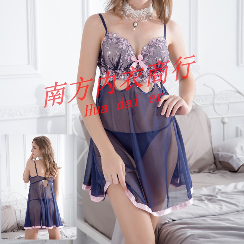 2020新款欧美透视蕾丝深V聚拢刺绣罩杯吊带睡裙性感诱惑骚情趣睡衣套装
