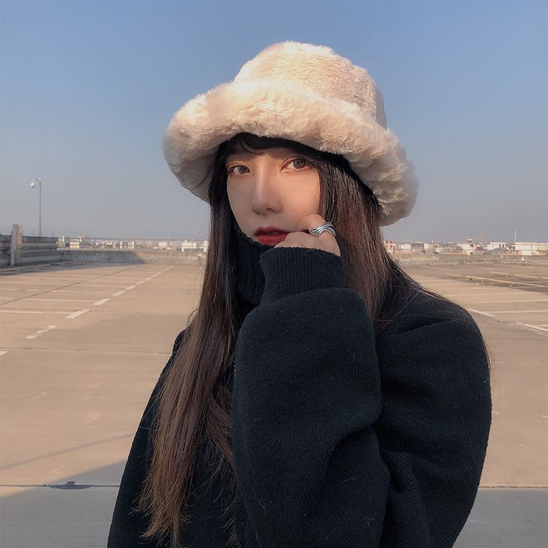 Winter Women's Thick Imitation Rabbit Hair Flat Top Japanese Fisherman Hat Basin Hat With Solid Color Warm Thick Imitation Fur Hat Application Scenario