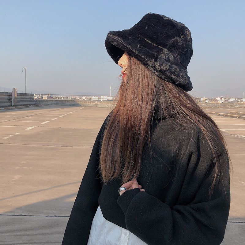 Winter Women's Thick Imitation Rabbit Hair Flat Top Japanese Fisherman Hat Basin Hat With Solid Color Warm Thick Imitation Fur Hat Item Picture