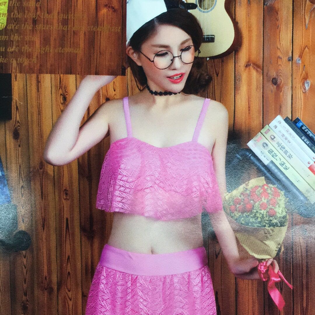 分体网纱带钢托泳衣