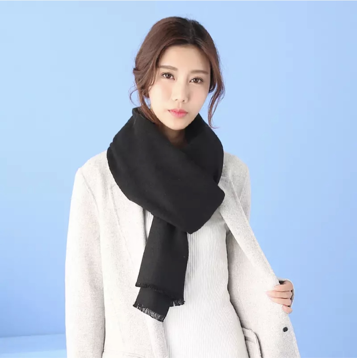纯色仿羊绒围巾须边披肩保暖时尚长款男女女式围脖 黑色
