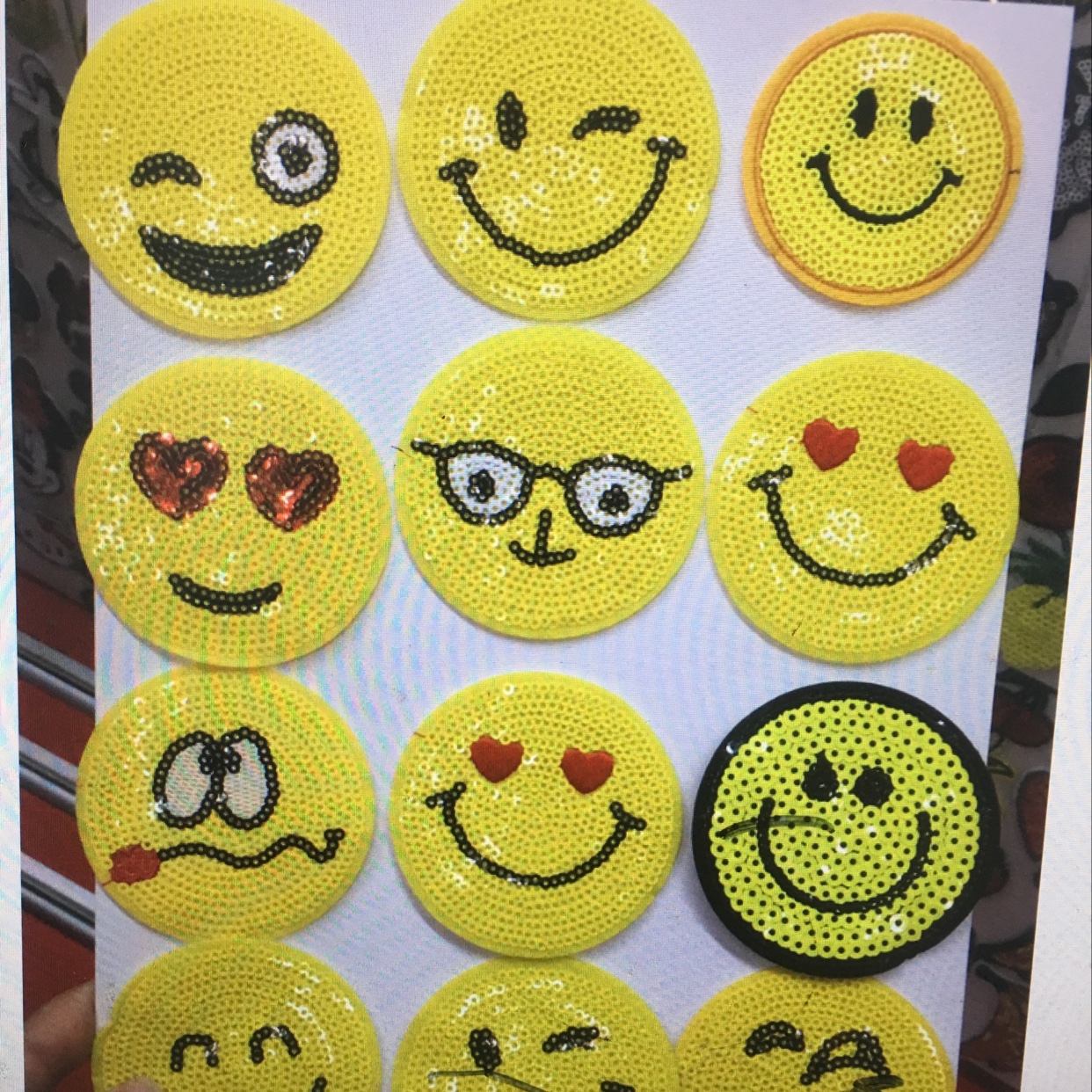 Embroidered Beaded Towel Embroidery Flat Embroidery Round Smiley Face Emoji Pattern Acrylic Diamond Double-Sided Sequin Leather Smiley Face details Picture