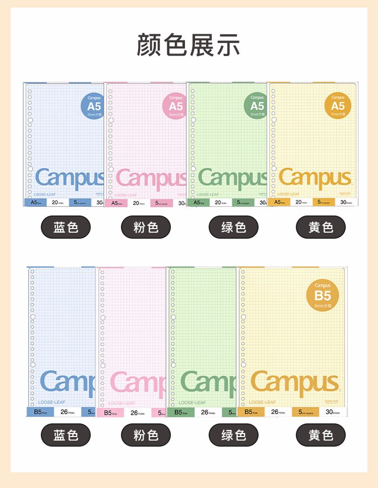 KOKUYO/ Guoyu Campus Color loose-leaf Paper A5/30 pages 5mm grid WCN-CLL3314 Specification image