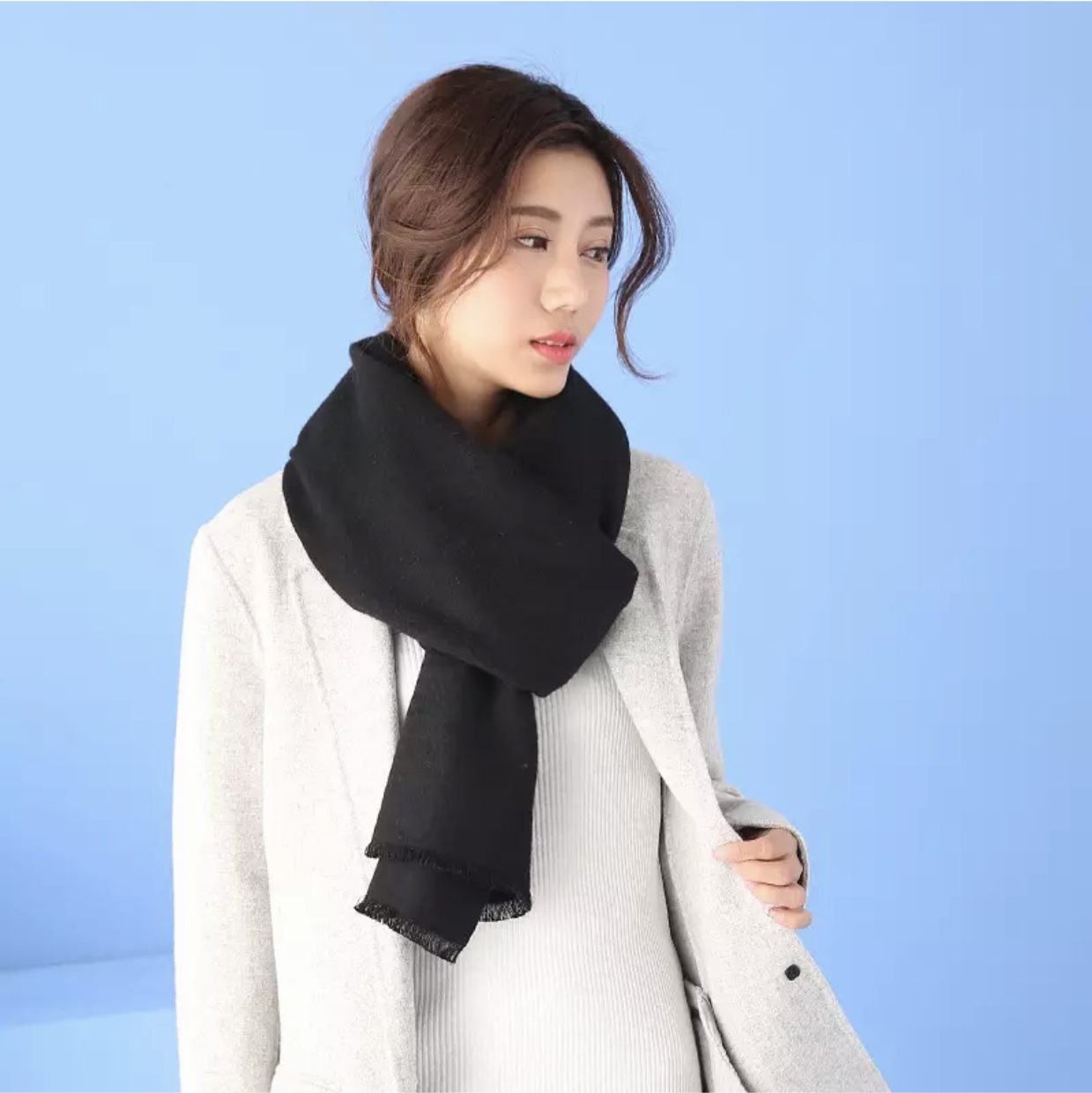 纯色仿羊绒围巾须边披肩保暖时尚长款男女女式围脖 黑色促销