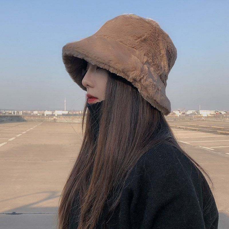 Winter Women's Thick Imitation Rabbit Hair Flat Top Japanese Fisherman Hat Basin Hat With Solid Color Warm Thick Imitation Fur Hat