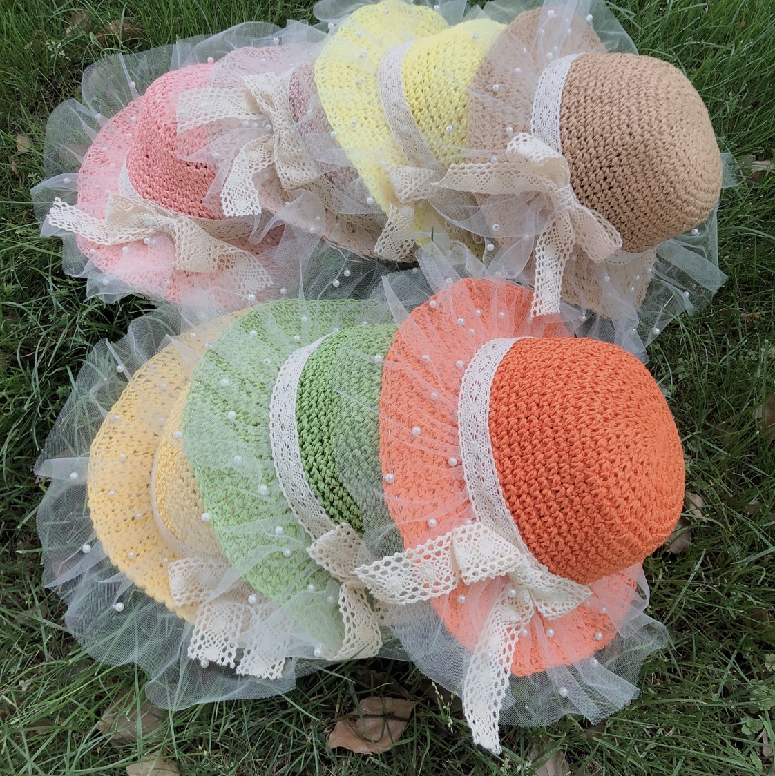 Handmade Pearl Straw Hat For Children details Picture