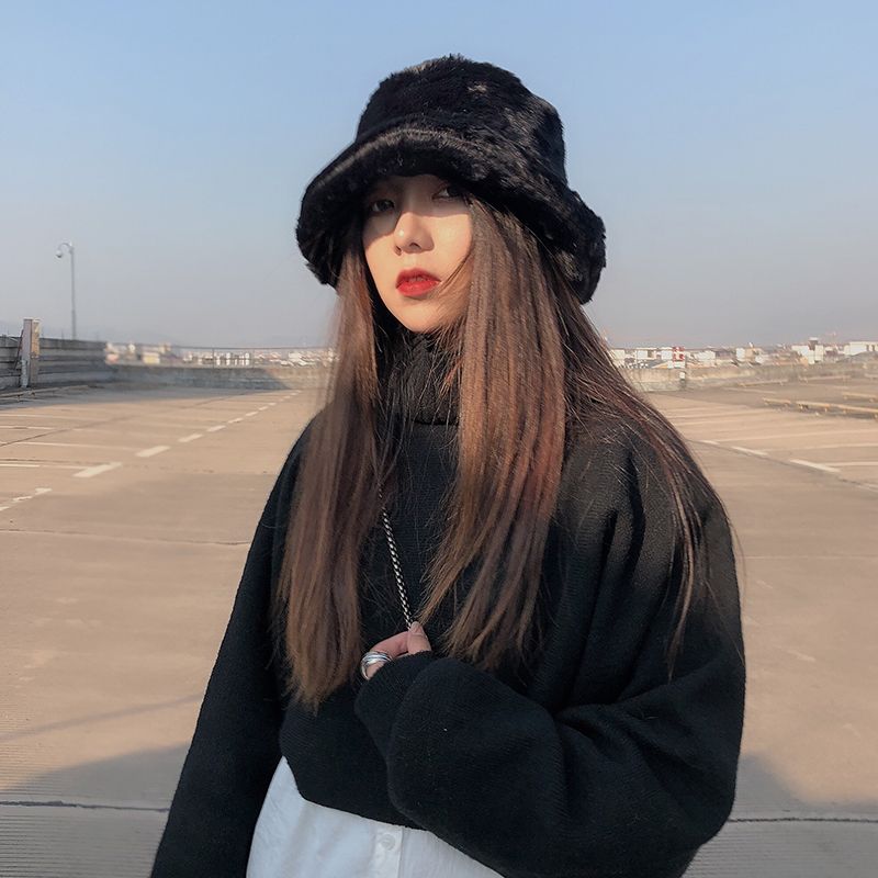 Winter Women's Thick Imitation Rabbit Hair Flat Top Japanese Fisherman Hat Basin Hat With Solid Color Warm Thick Imitation Fur Hat details Picture
