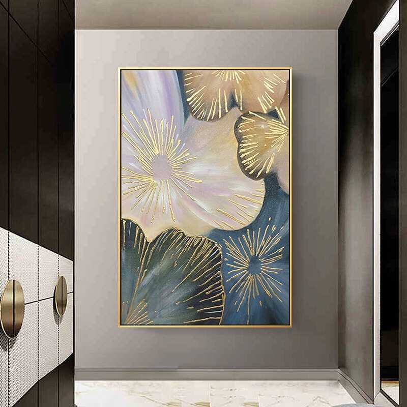 Gold leaf oil painting modern simple porch corridor decoration hanging murals hand-painted light luxury creative flower customization thumbnail