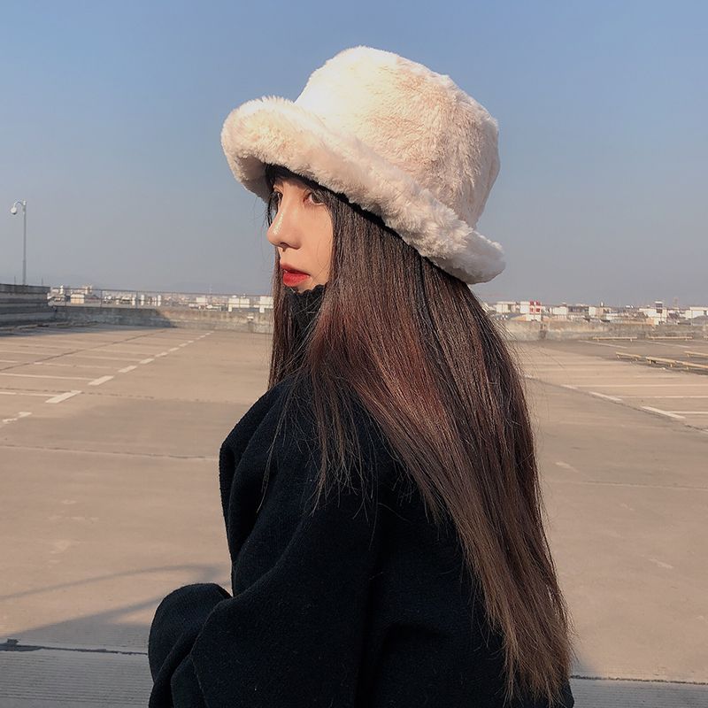 Winter Women's Thick Imitation Rabbit Hair Flat Top Japanese Fisherman Hat Basin Hat With Solid Color Warm Thick Imitation Fur Hat Specification drawing